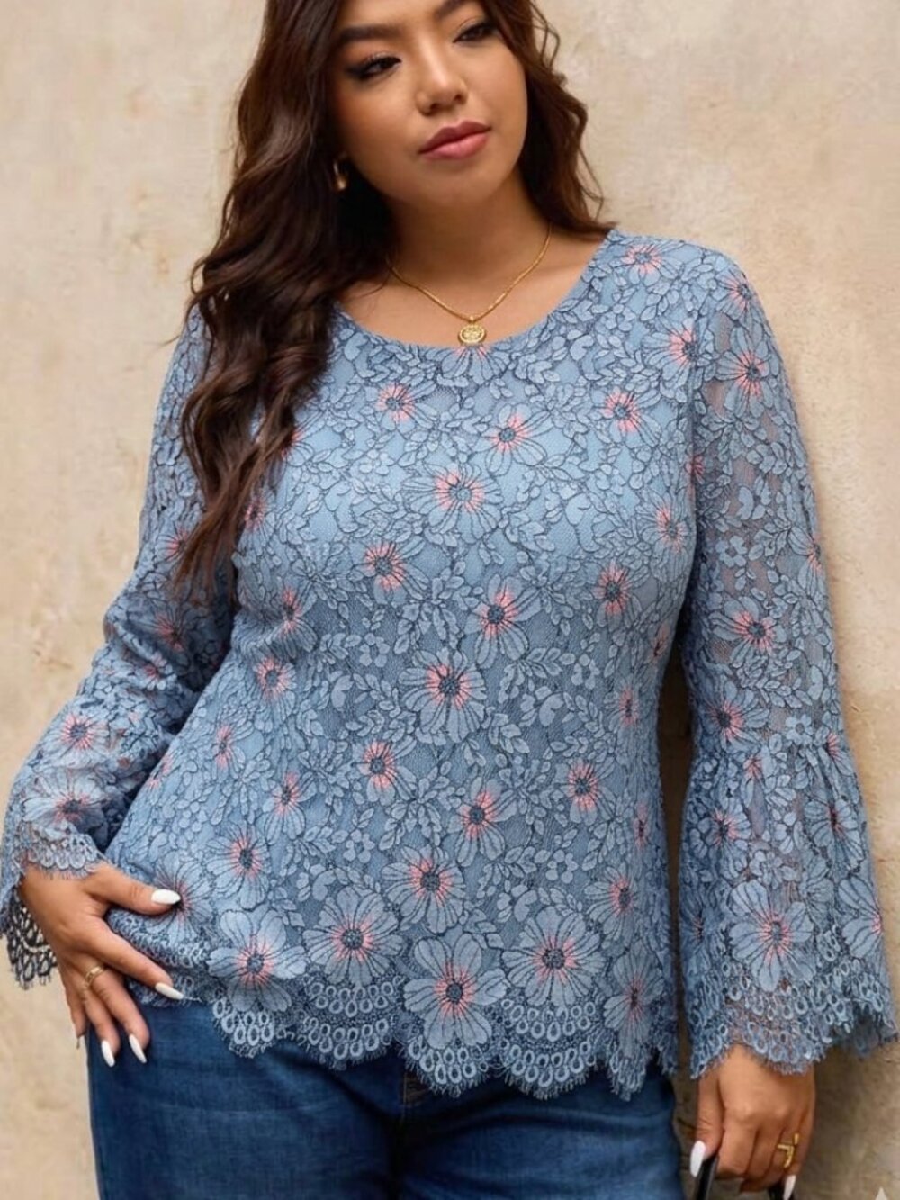 Solitaire Floral Lace Bell Sleeve Blouse